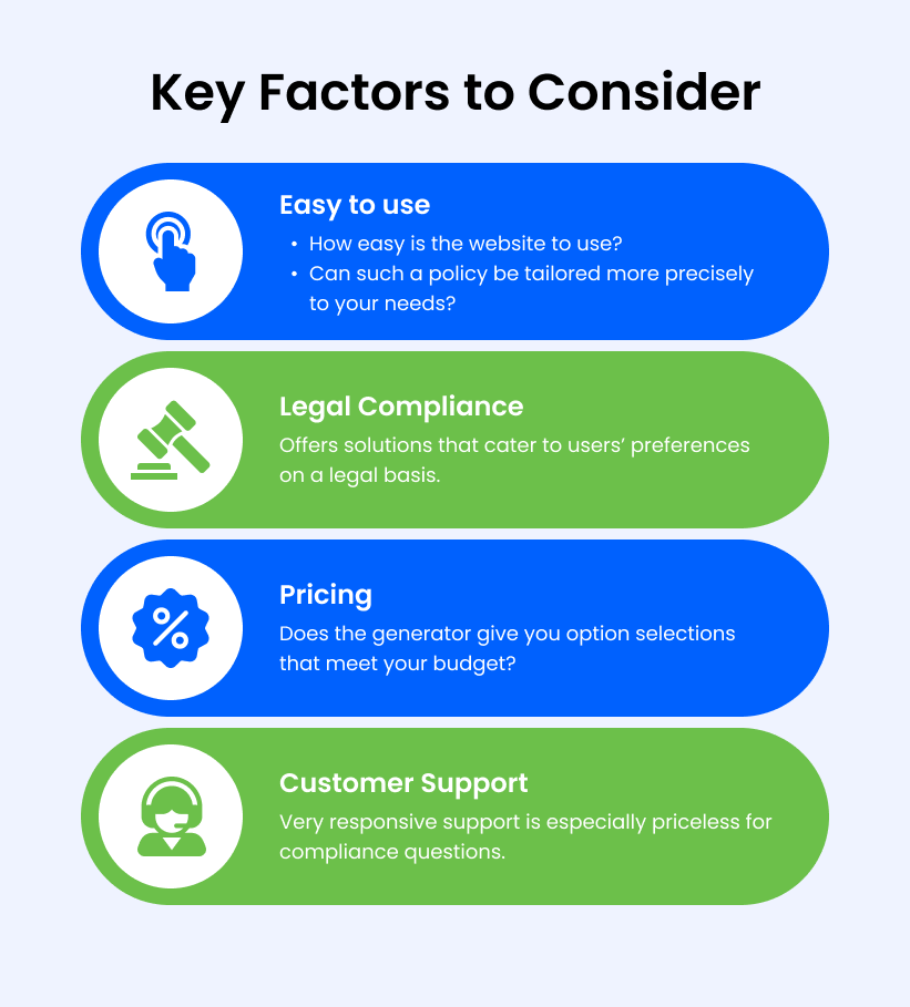 Key Factors to Consider
easyto use
legal compliance
pricing
customer support